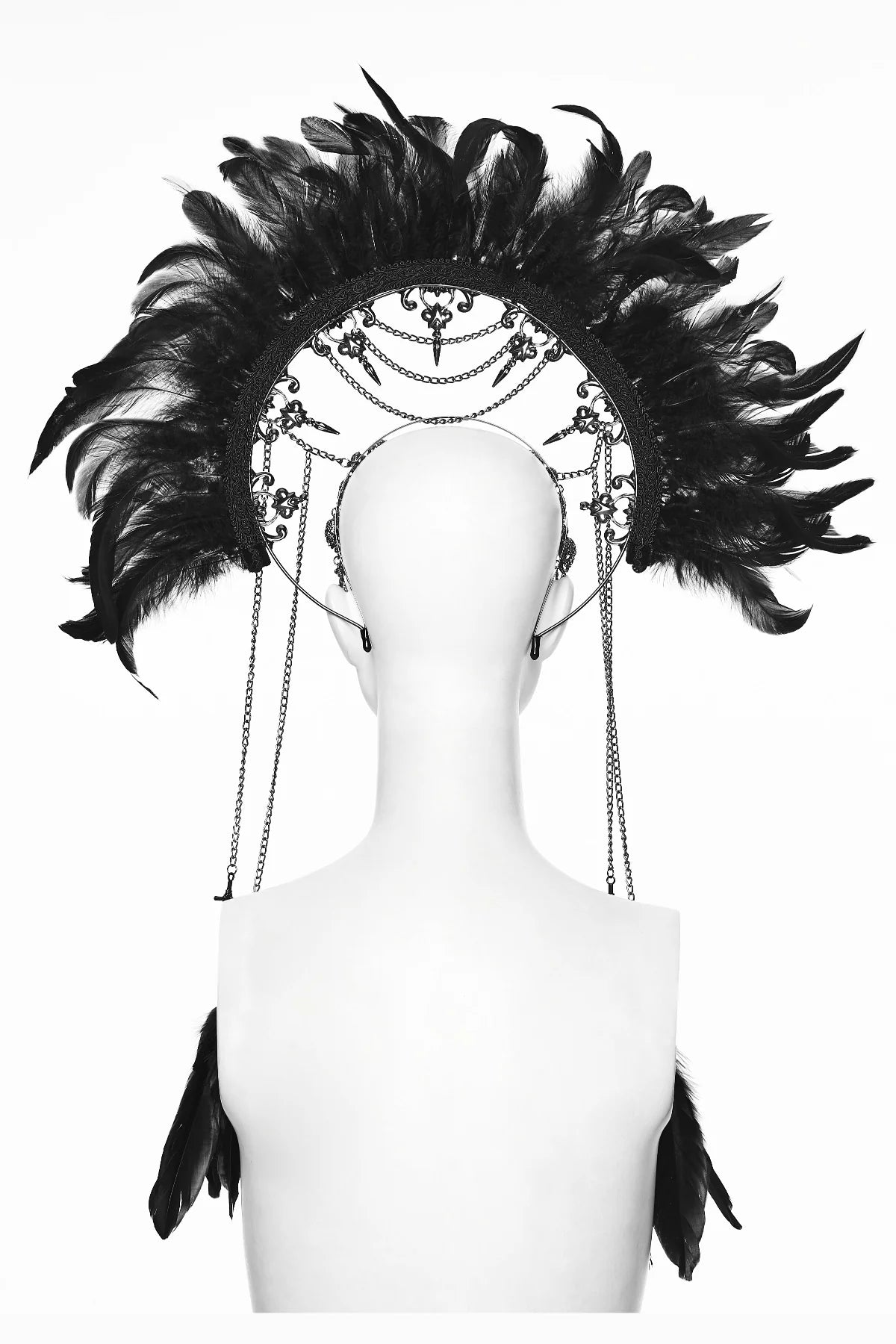 Couronne Gothique Chaîne de Crâne Bijou de Tête Design Lune Croissante Argent et plumes