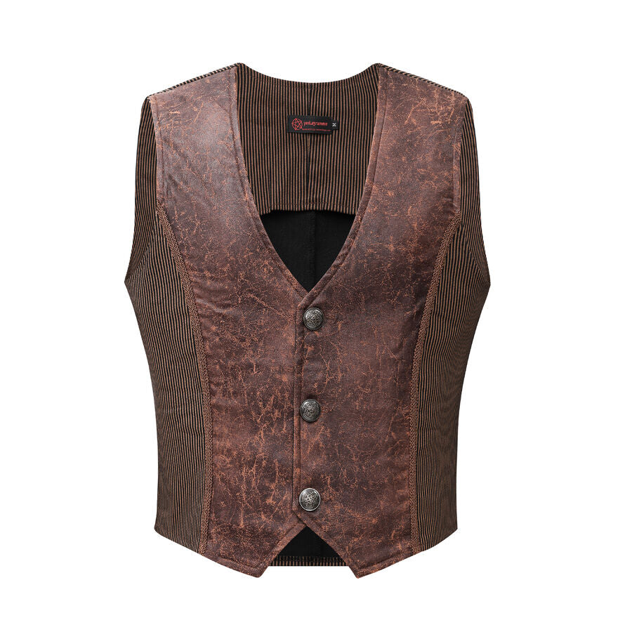 Gilet steampunk victorien  - similicuir vieilli et tissu rayé marron