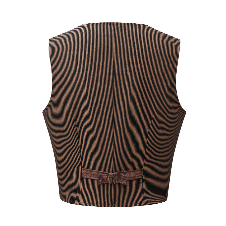 Gilet steampunk victorien  - similicuir vieilli et tissu rayé marron