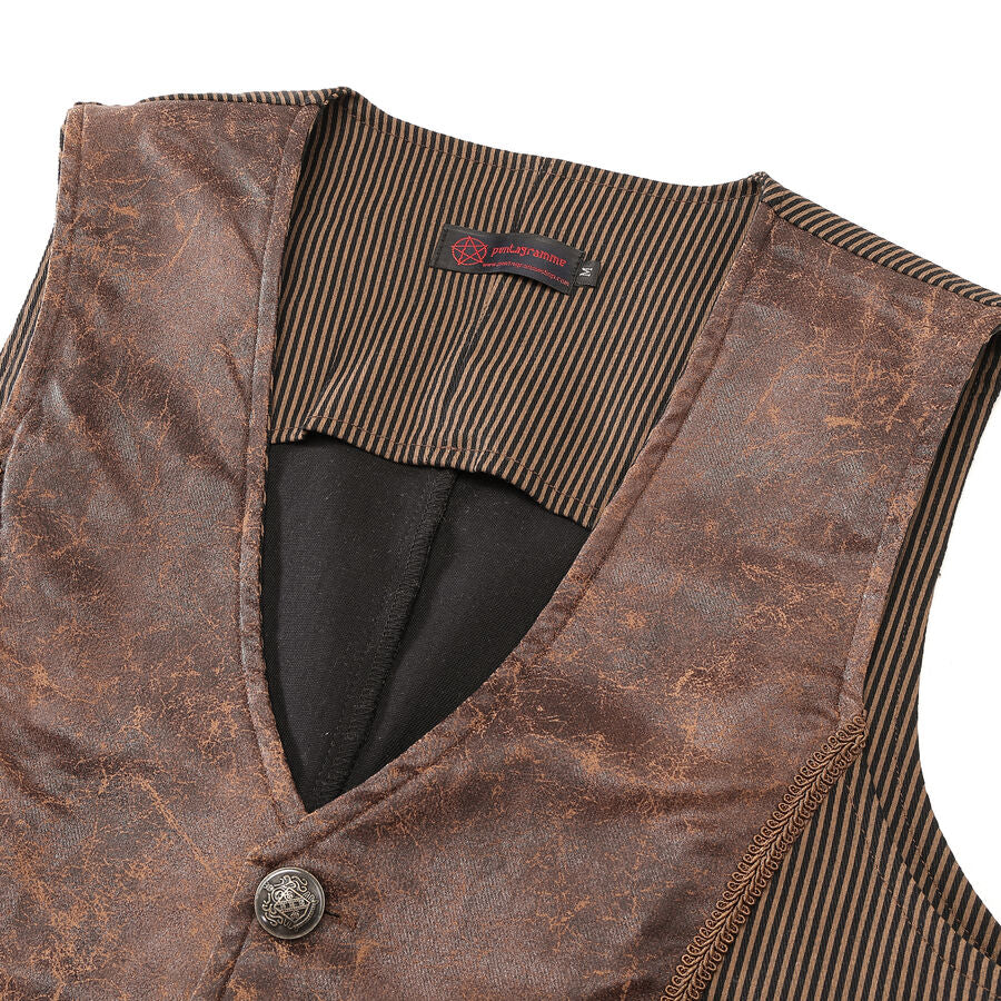 Gilet steampunk victorien  - similicuir vieilli et tissu rayé marron