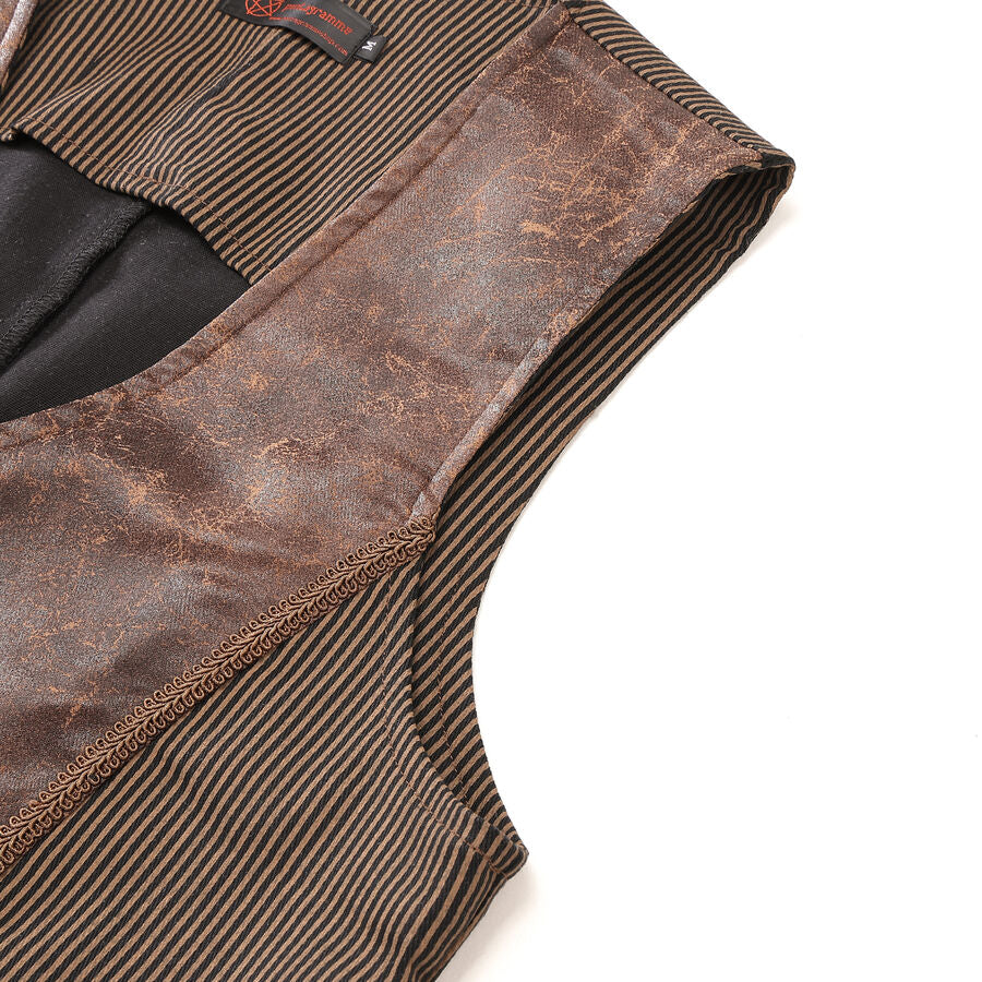 Gilet steampunk victorien  - similicuir vieilli et tissu rayé marron