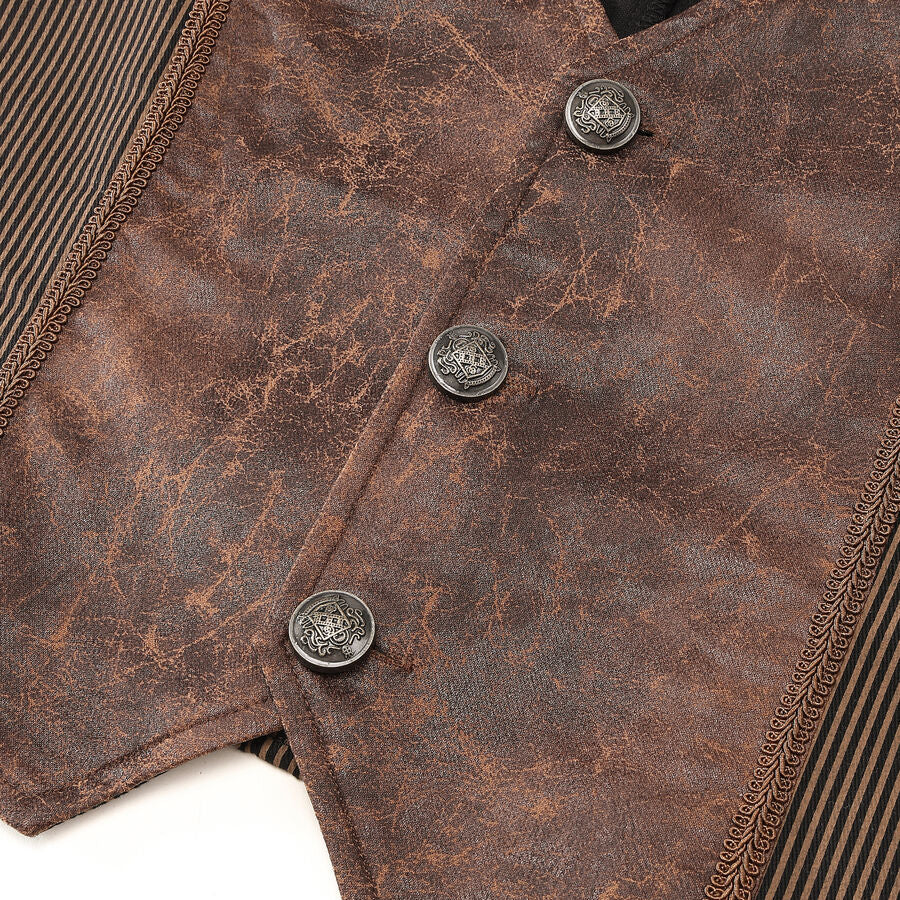 Gilet steampunk victorien  - similicuir vieilli et tissu rayé marron