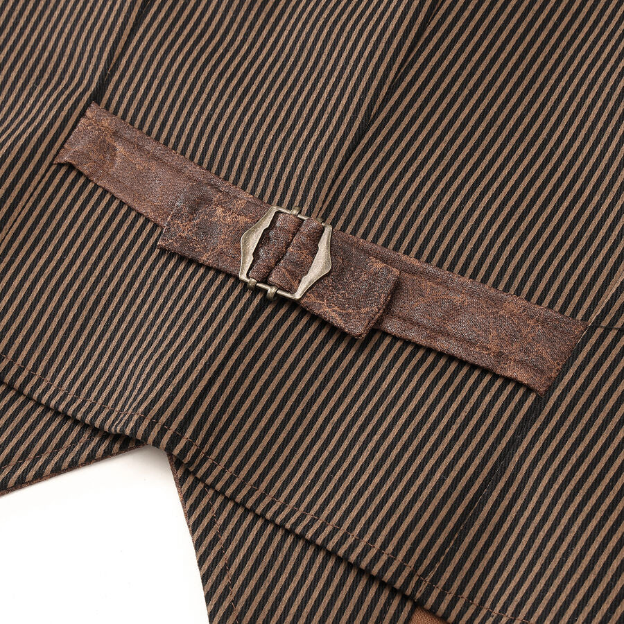 Gilet steampunk victorien  - similicuir vieilli et tissu rayé marron