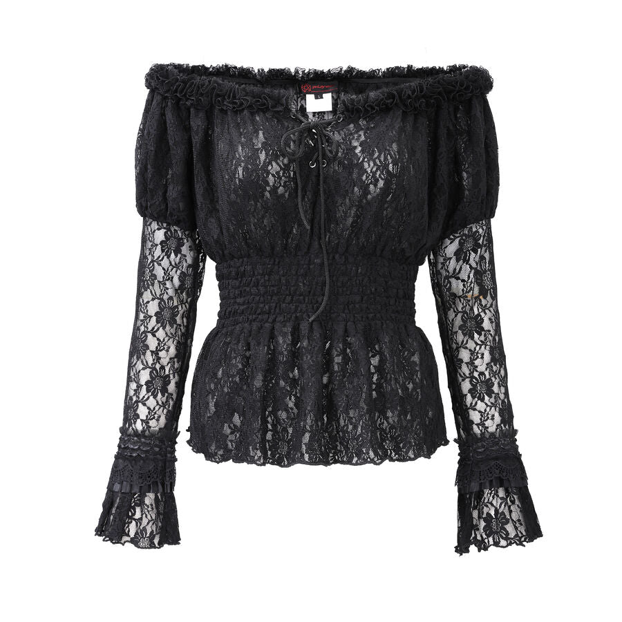 Top gothique en dentelle noire épaules dénudées