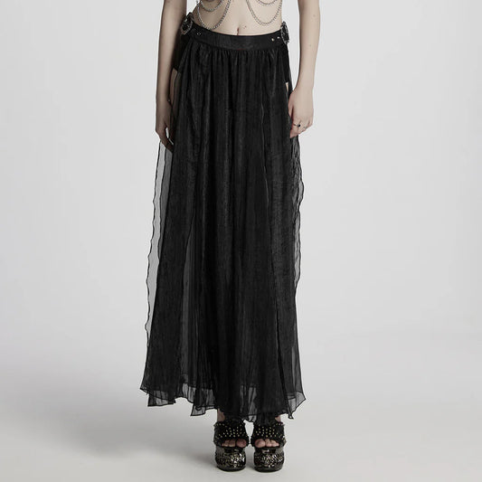 Jupe gothique noire transparente à chaînes superposées, élégance maxi
