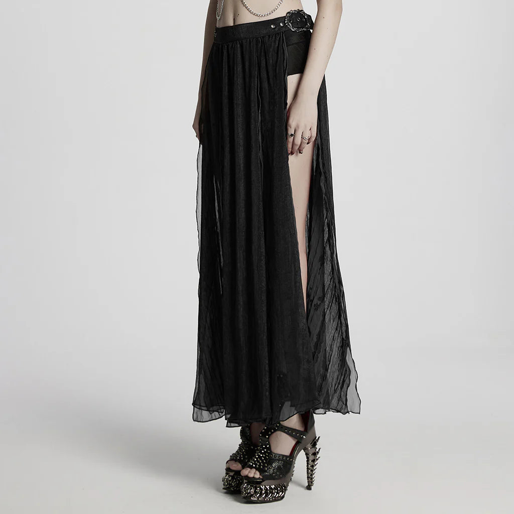 Jupe gothique noire transparente à chaînes superposées, élégance maxi