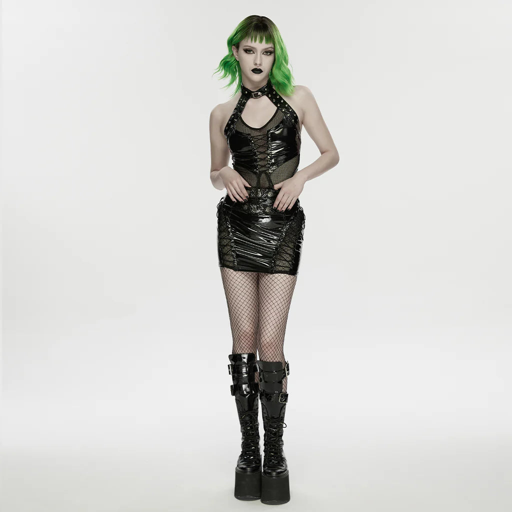 Jupe Gothique Brillante en Maille à Lacets Style Punk