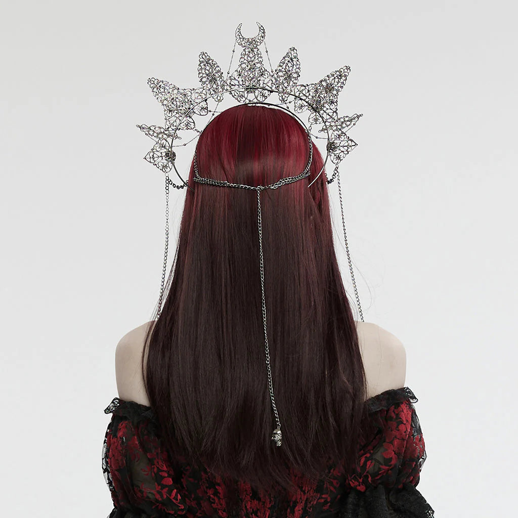 Couronne Gothique Chaîne de Crâne Bijou de Tête Design Lune Croissante Argent