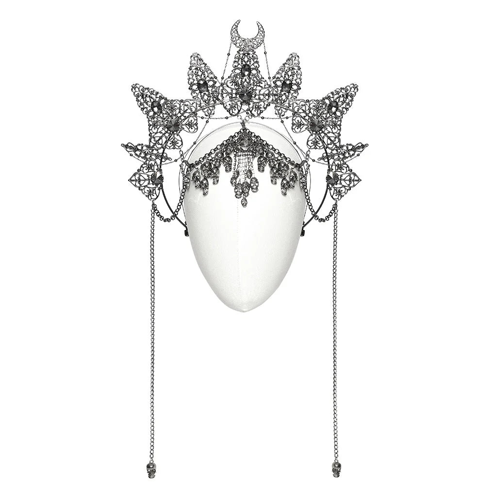 Couronne Gothique Chaîne de Crâne Bijou de Tête Design Lune Croissante Argent