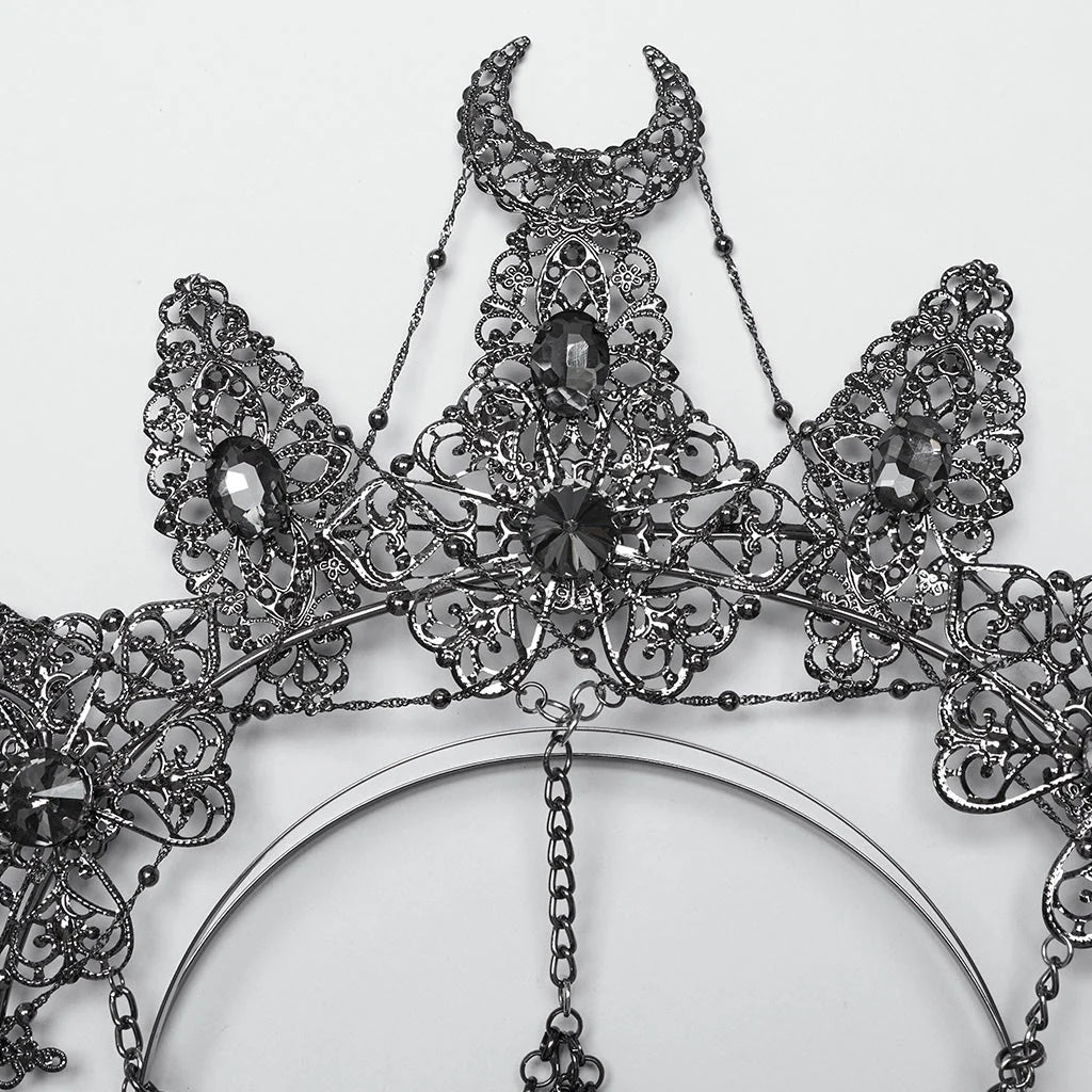 Couronne Gothique Chaîne de Crâne Bijou de Tête Design Lune Croissante Argent
