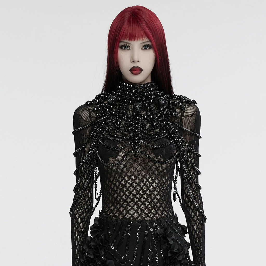 Accessoire de cou gothique avec crâne et perles noir
