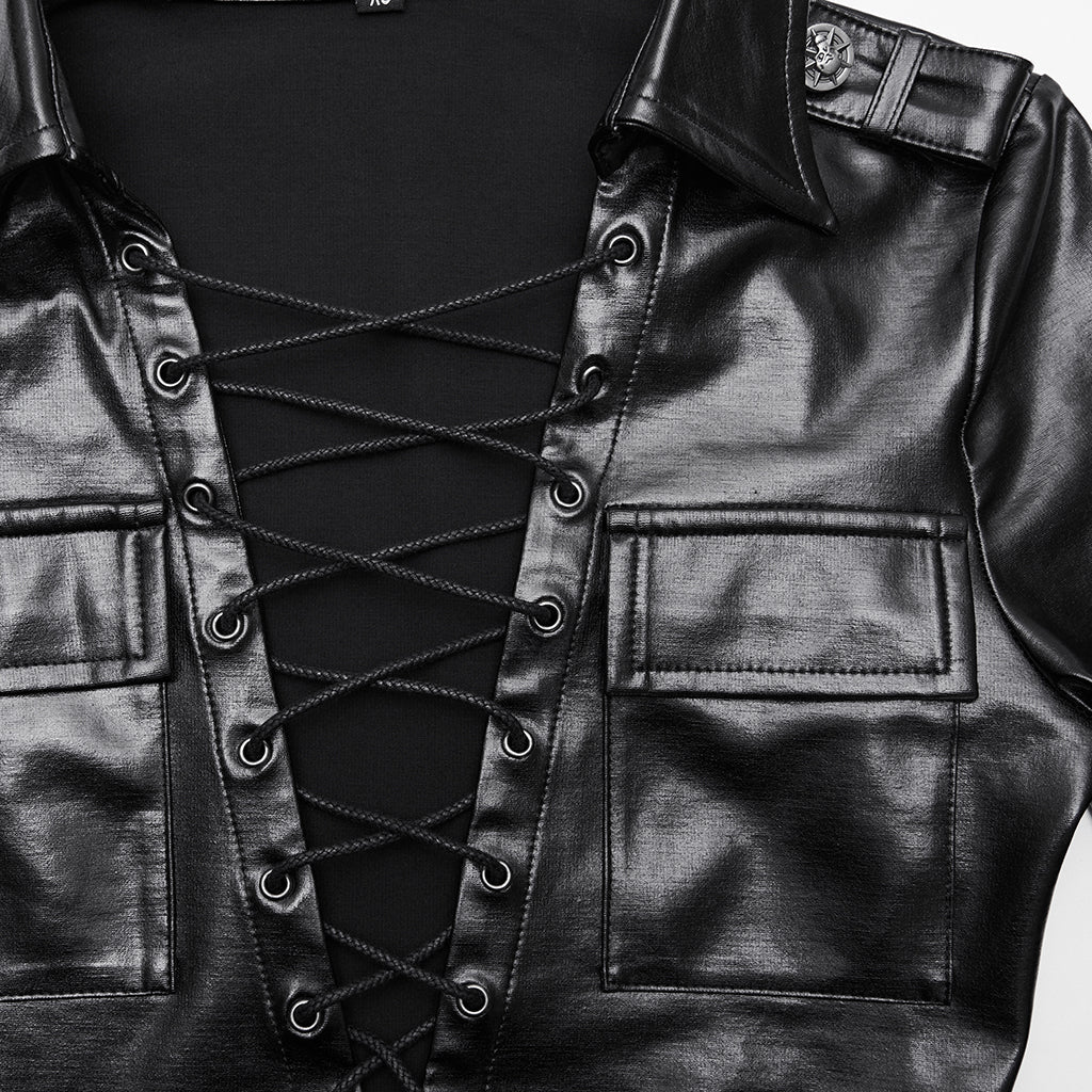 T-shirts punk en cuir noir à lacets et à bords effilés