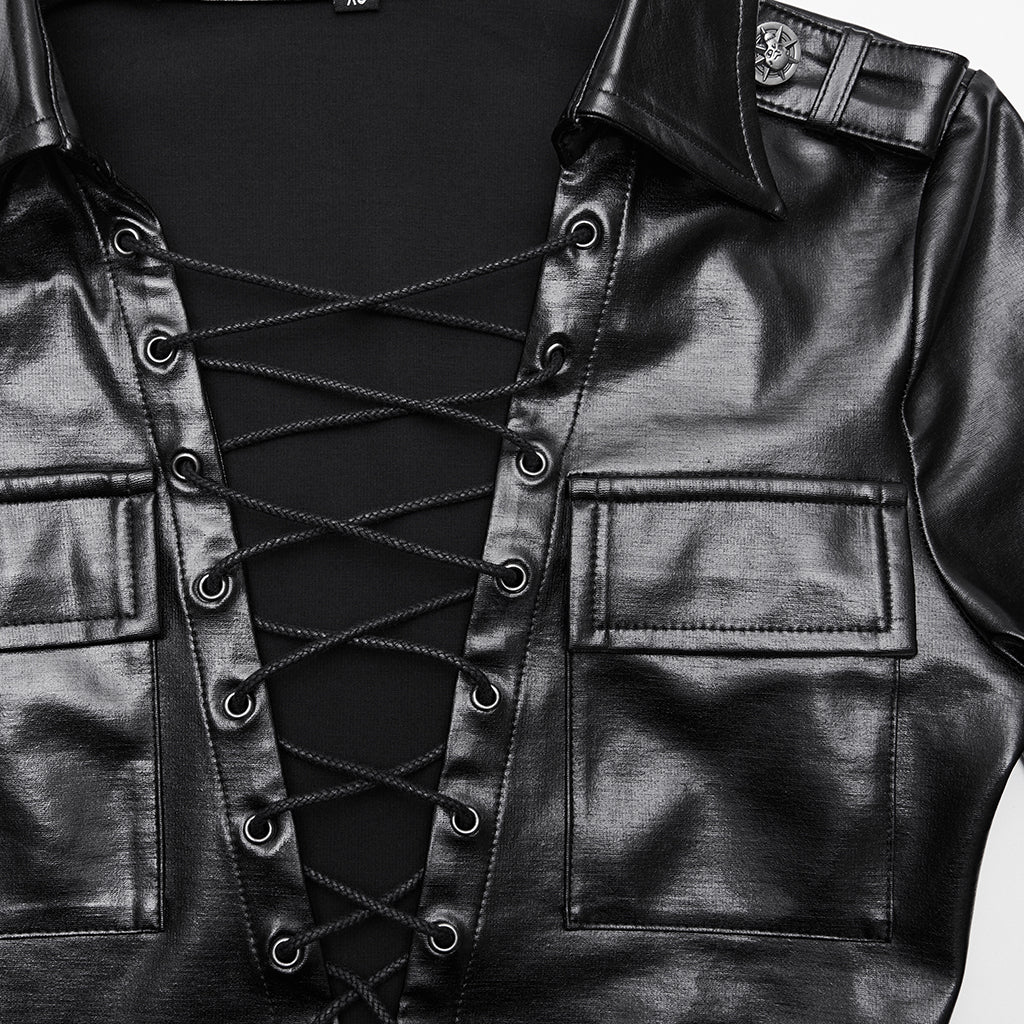 T-shirts punk en cuir noir à lacets et à bords effilés