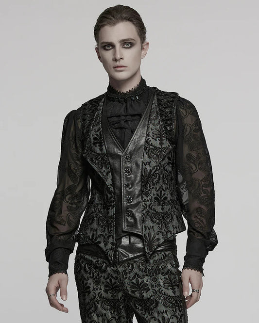 Gilet Gothique Homme en Dentelle Brodée Boutonné Style Vintage