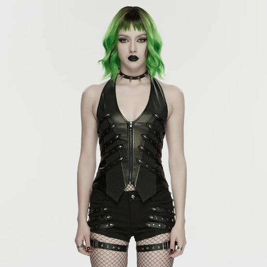 Gilets Punk en Faux Cuir Élégant avec Fermeture Éclair et Sangles