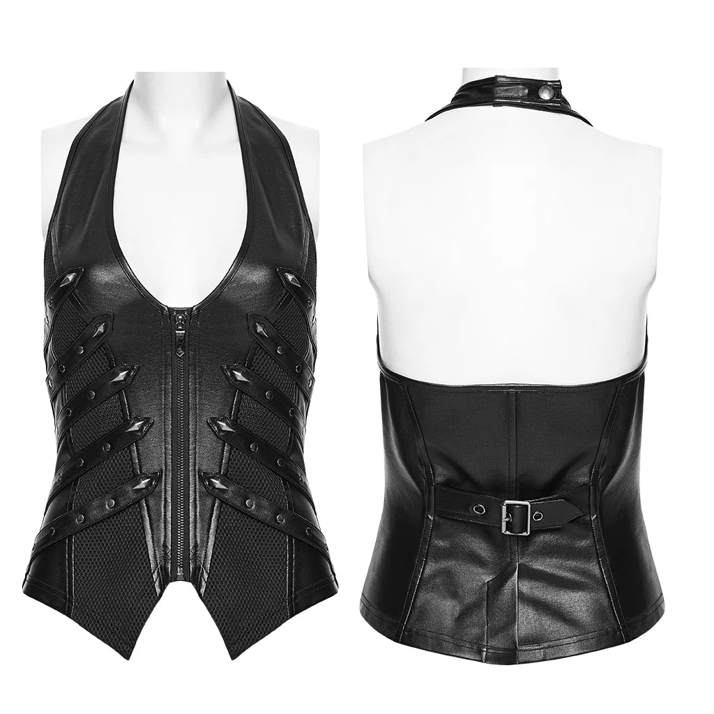 Gilets Punk en Faux Cuir Élégant avec Fermeture Éclair et Sangles