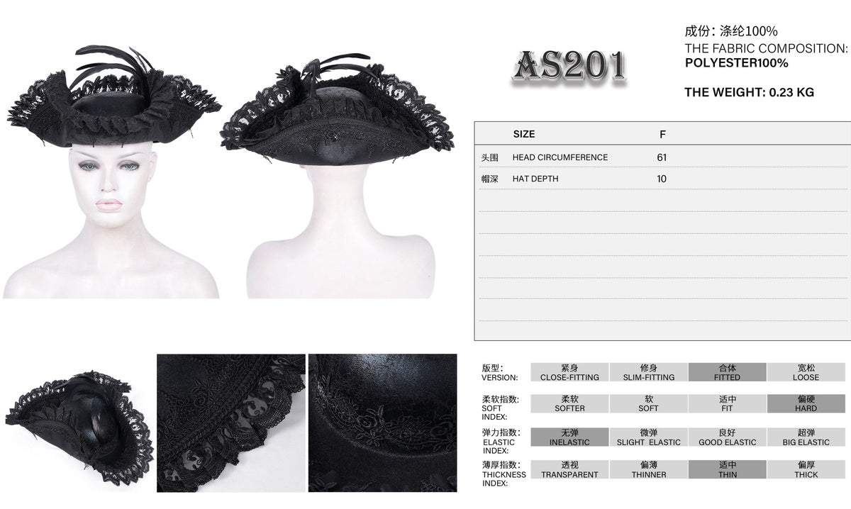 Chapeau tricorne gothique PLUME NOIR