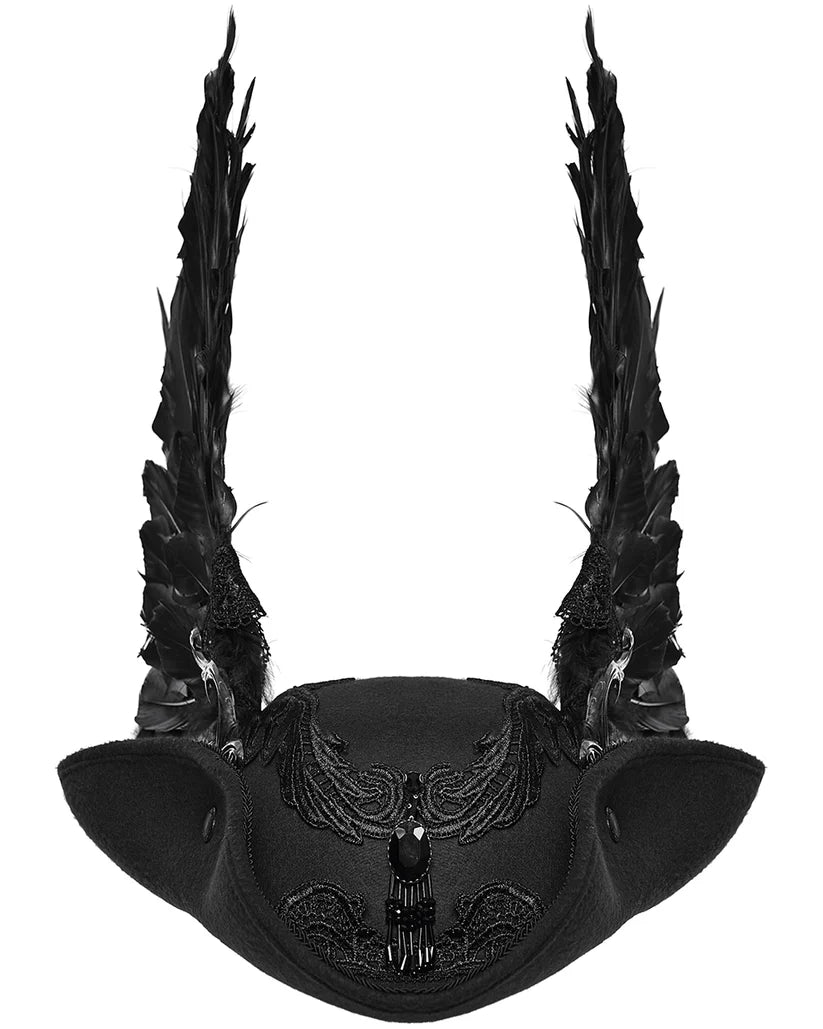 Chapeau tricorne gothique unisexe à ailes de démon sombres et plumeuses