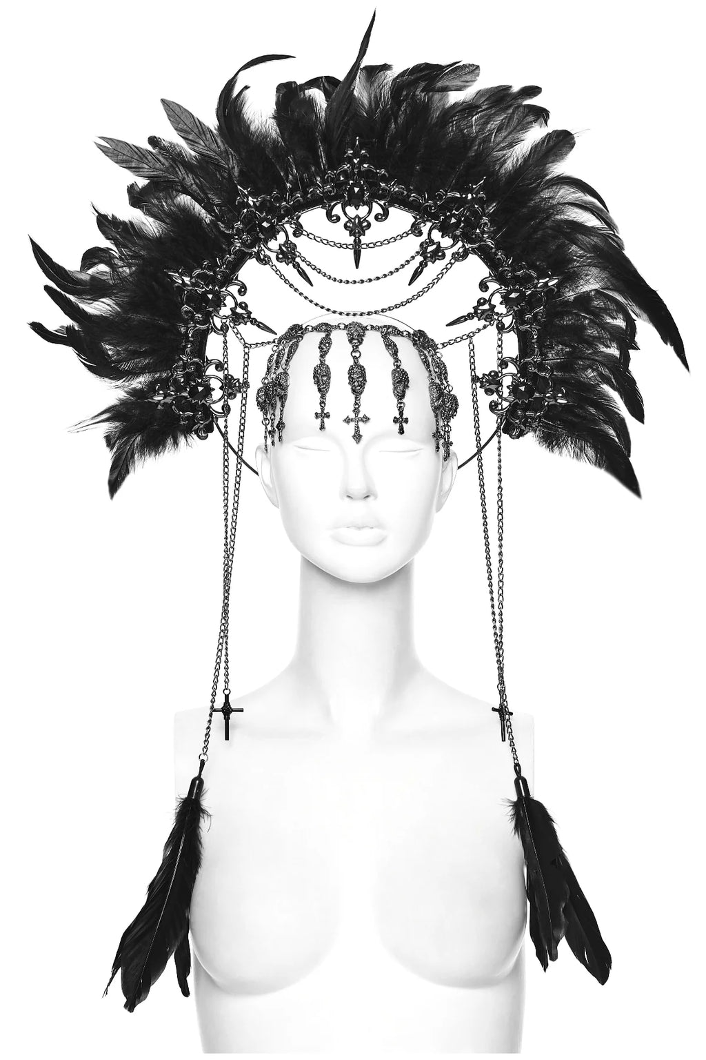 Couronne Gothique Chaîne de Crâne Bijou de Tête Design Lune Croissante Argent et plumes