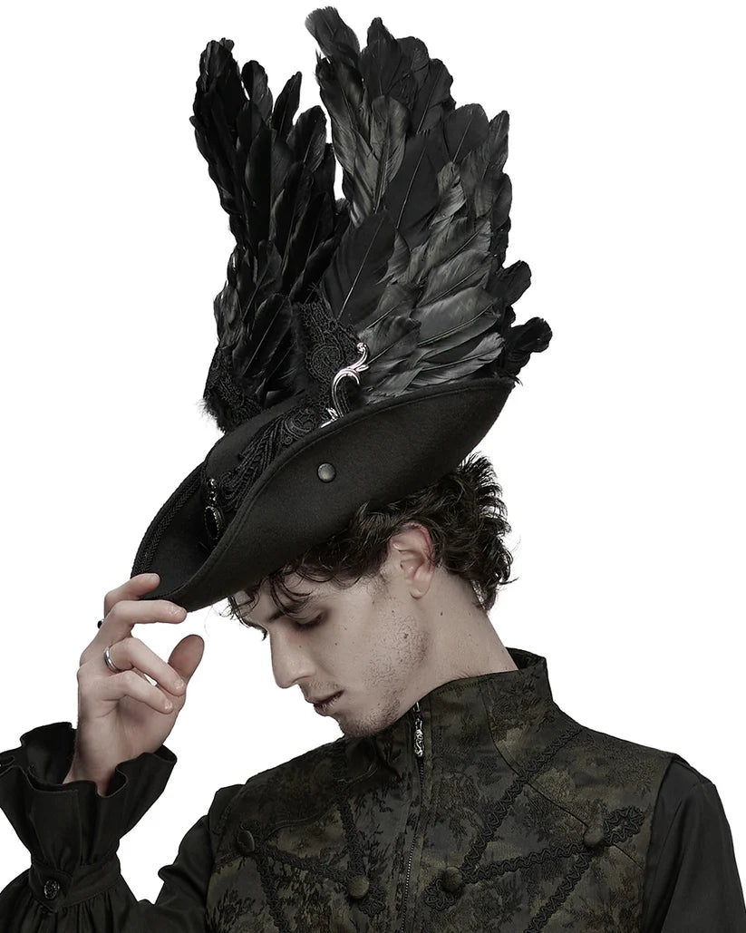 Chapeau tricorne gothique unisexe à ailes de démon sombres et plumeuses