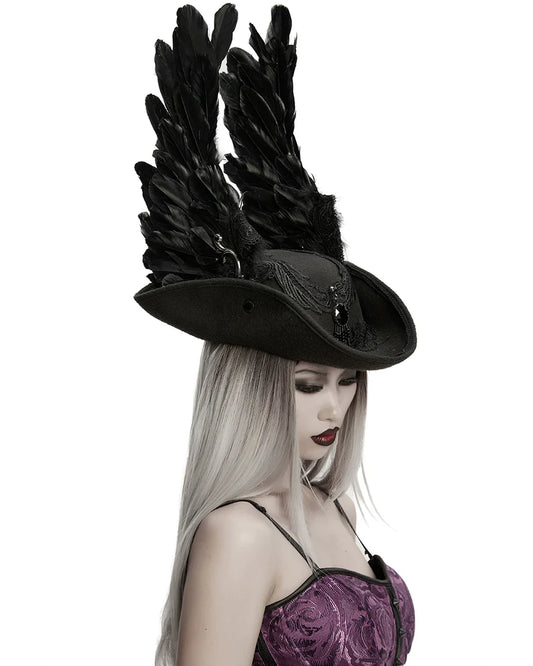 Chapeau tricorne gothique unisexe à ailes de démon sombres et plumeuses