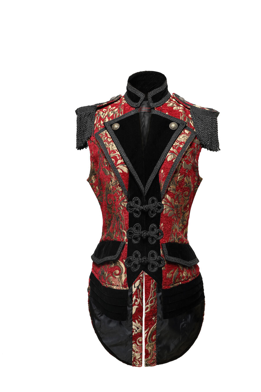 gilet femme queue-de-pie jacquard style baroque rouge