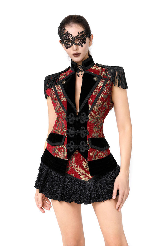gilet femme queue-de-pie jacquard style baroque rouge