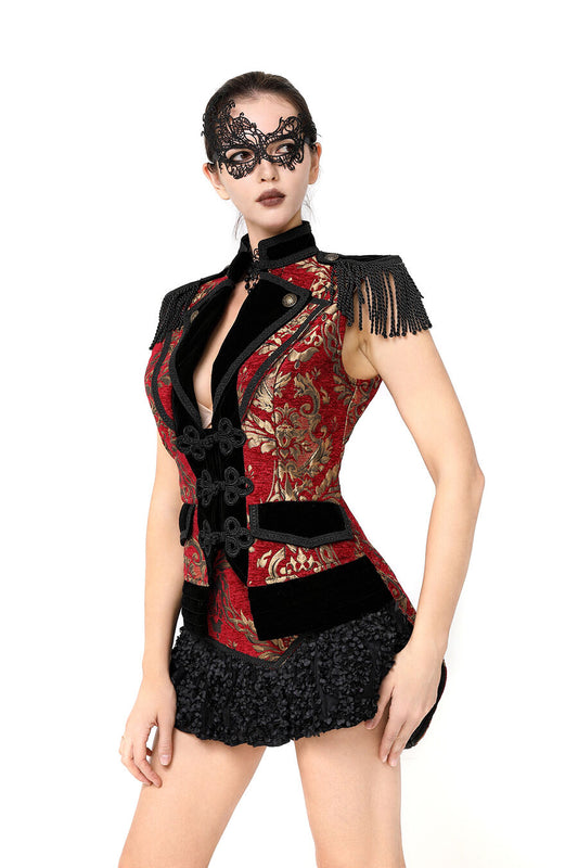 gilet femme queue-de-pie jacquard style baroque rouge