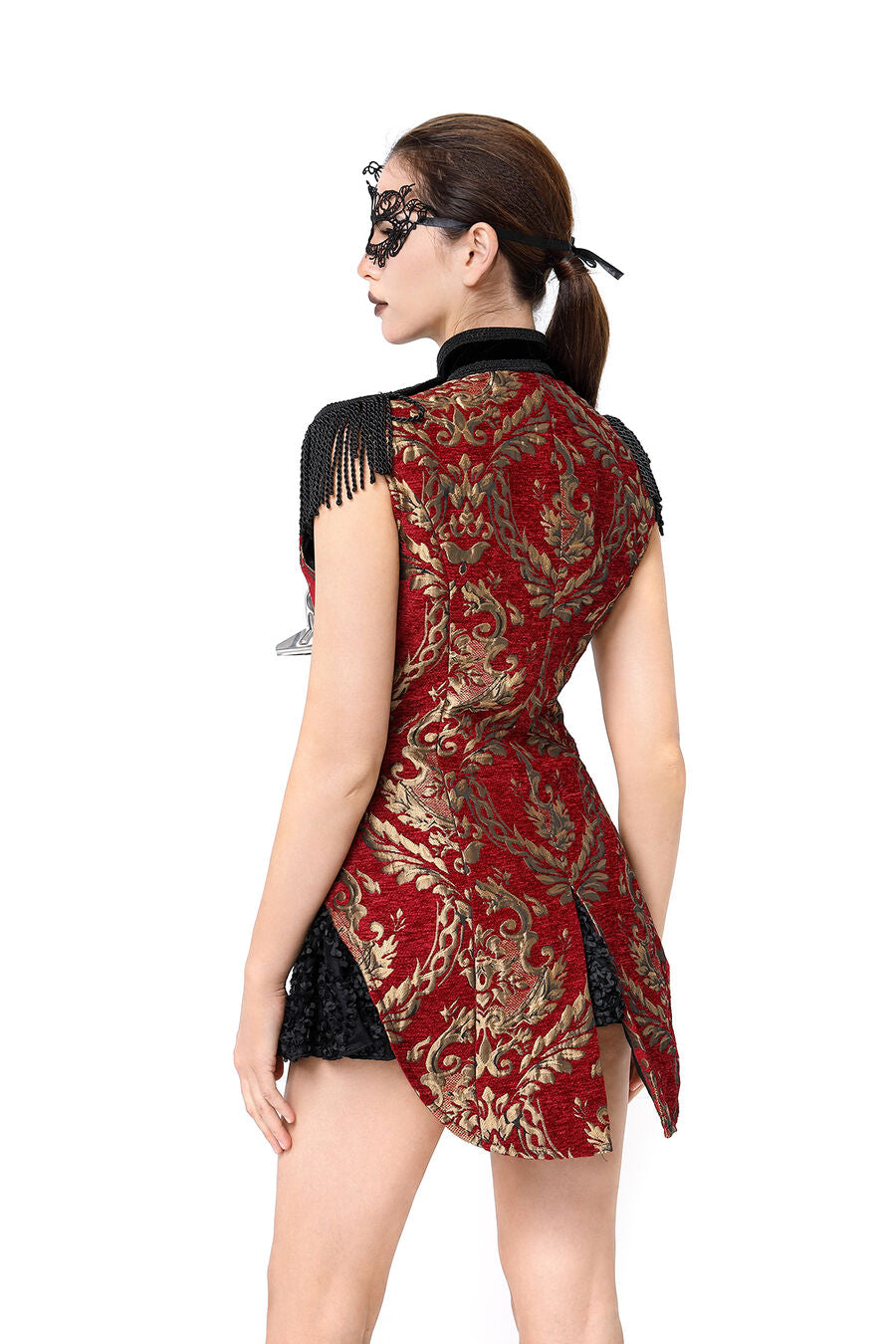 gilet femme queue-de-pie jacquard style baroque rouge