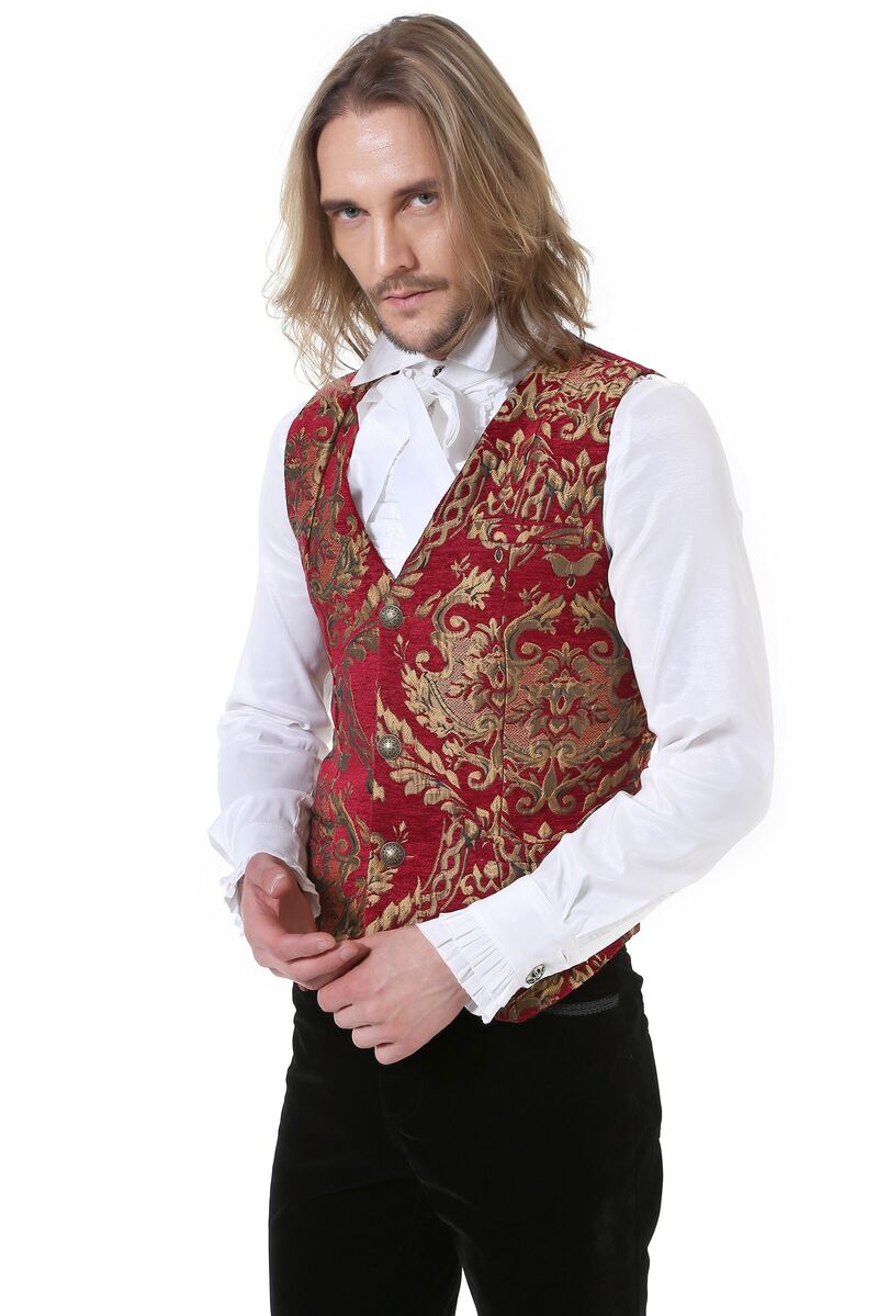 GILET HOMME GOTHIQUE STEAMPUNK VICTORIEN BROCARD ROUGE