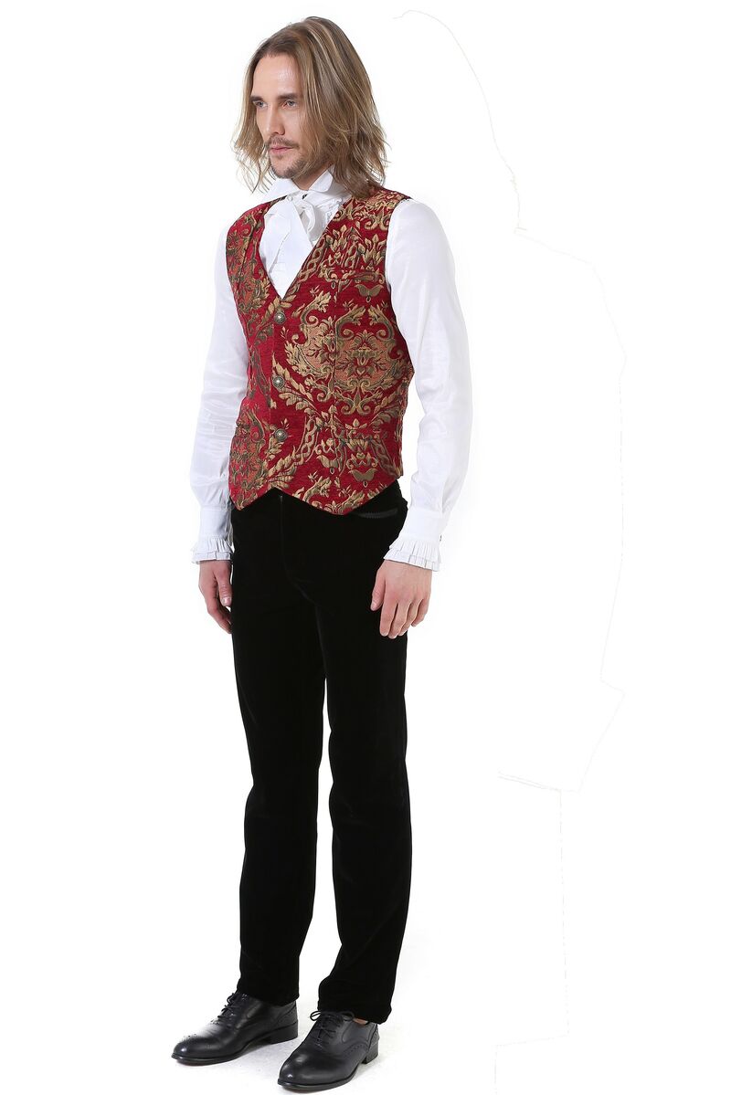 GILET HOMME GOTHIQUE STEAMPUNK VICTORIEN BROCARD ROUGE